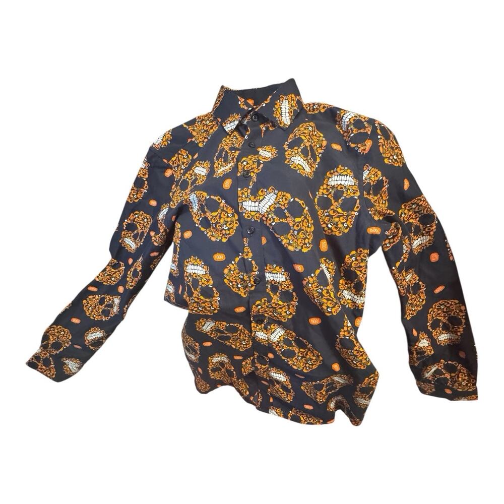 Simon Banks Blue Pumpkin Skulls Medium Button Up Collared Shirt Halloween Boo